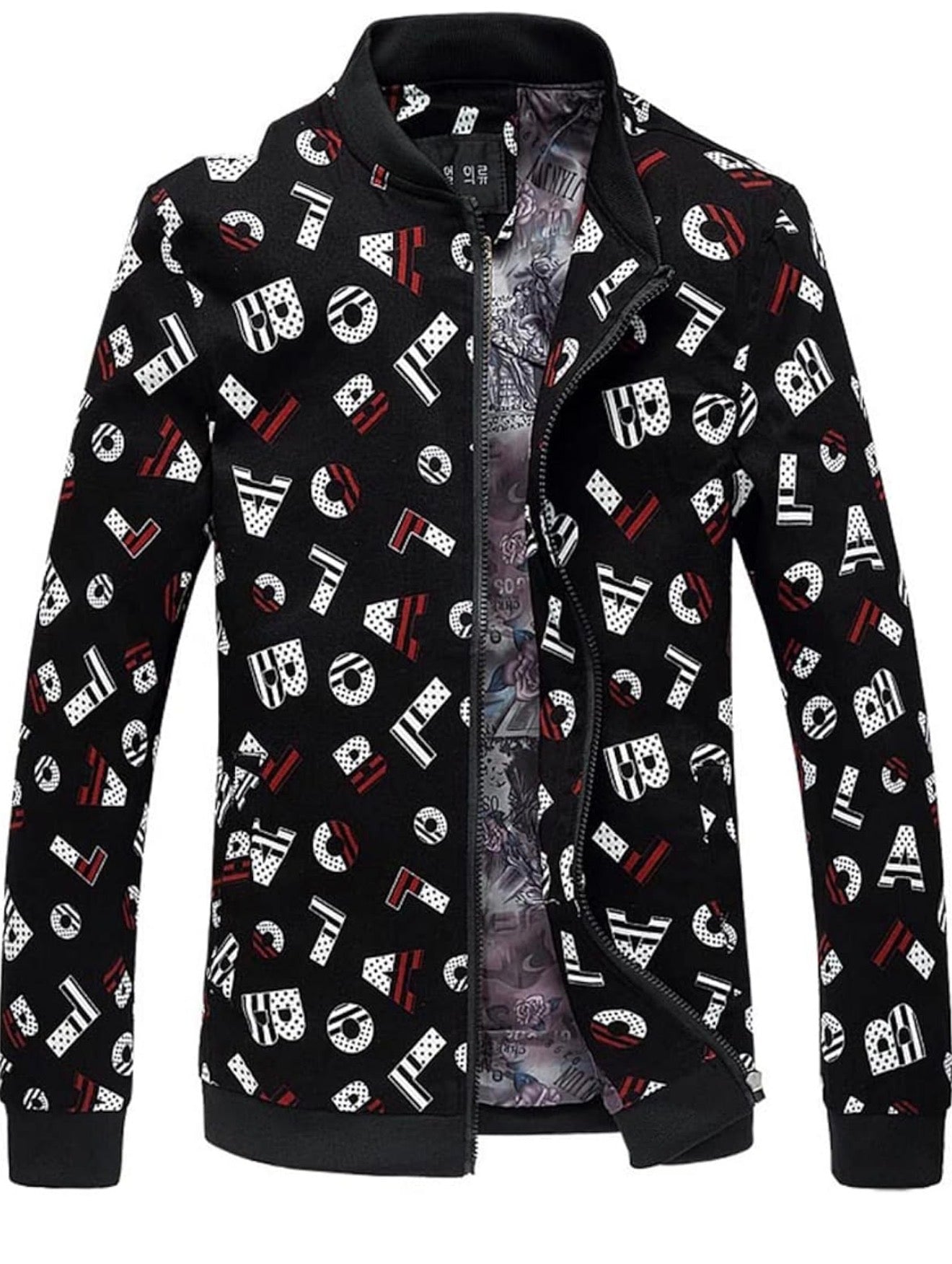 Black Alphabet Pattern Bomber Jacket for Men – Modern Fashion Jacket