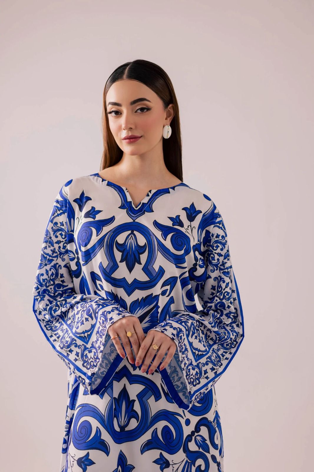 Luxury Blue Floral Printed Kaftan Maxi Dress – Elegant Modest Long Sleeve Women Dress