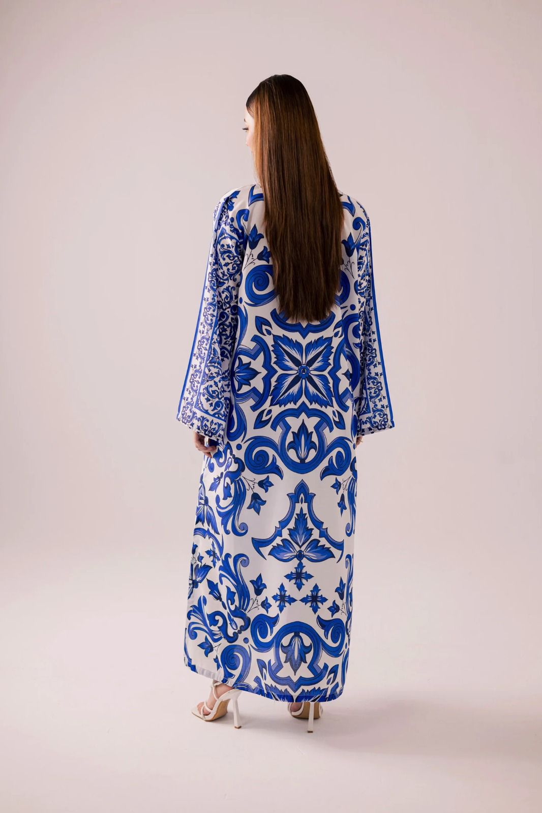 Luxury Blue Floral Printed Kaftan Maxi Dress – Elegant Modest Long Sleeve Women Dress