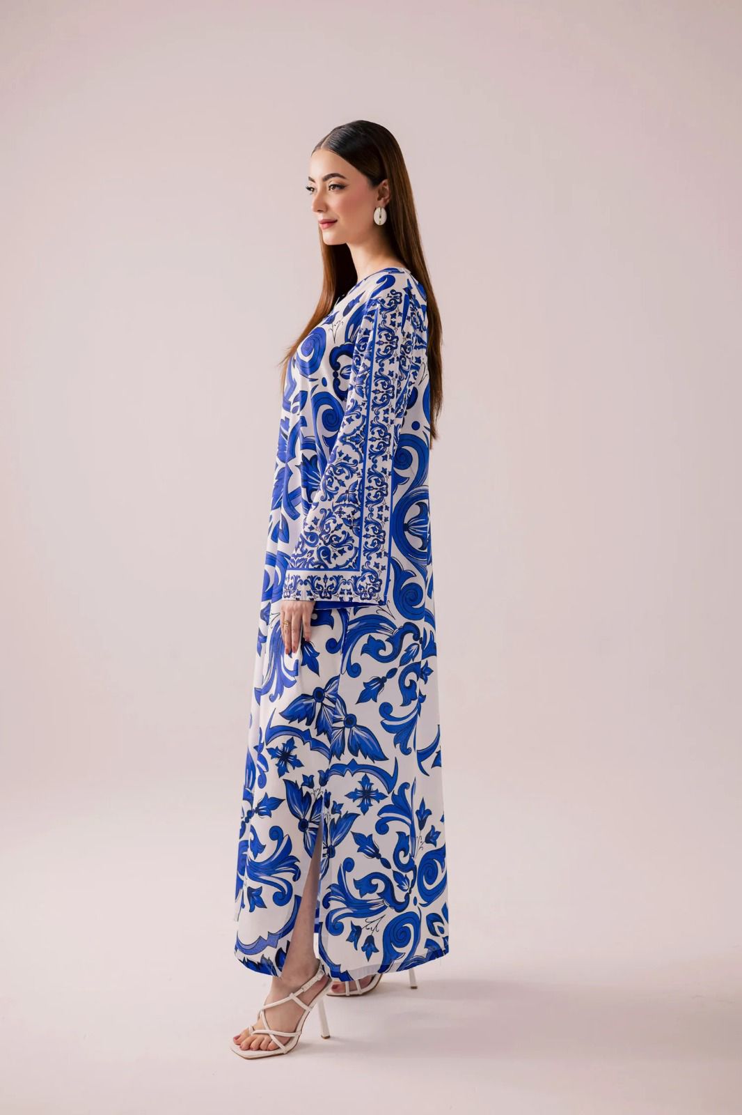 Luxury Blue Floral Printed Kaftan Maxi Dress – Elegant Modest Long Sleeve Women Dress