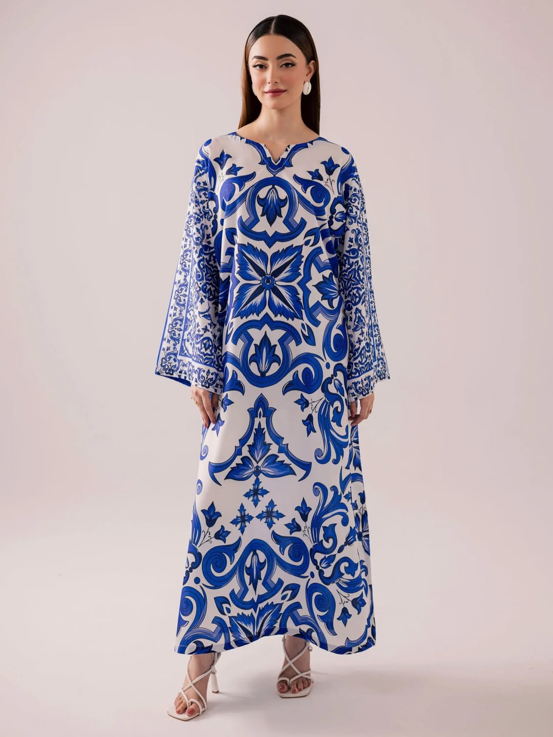 Luxury Blue Floral Printed Kaftan Maxi Dress – Elegant Modest Long Sleeve Women Dress