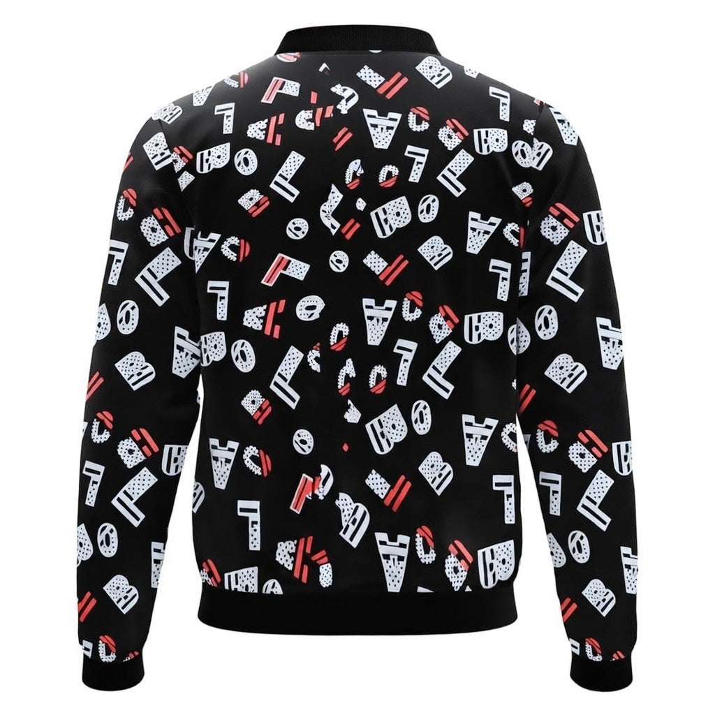 Black Alphabet Pattern Bomber Jacket for Men – Modern Fashion Jacket