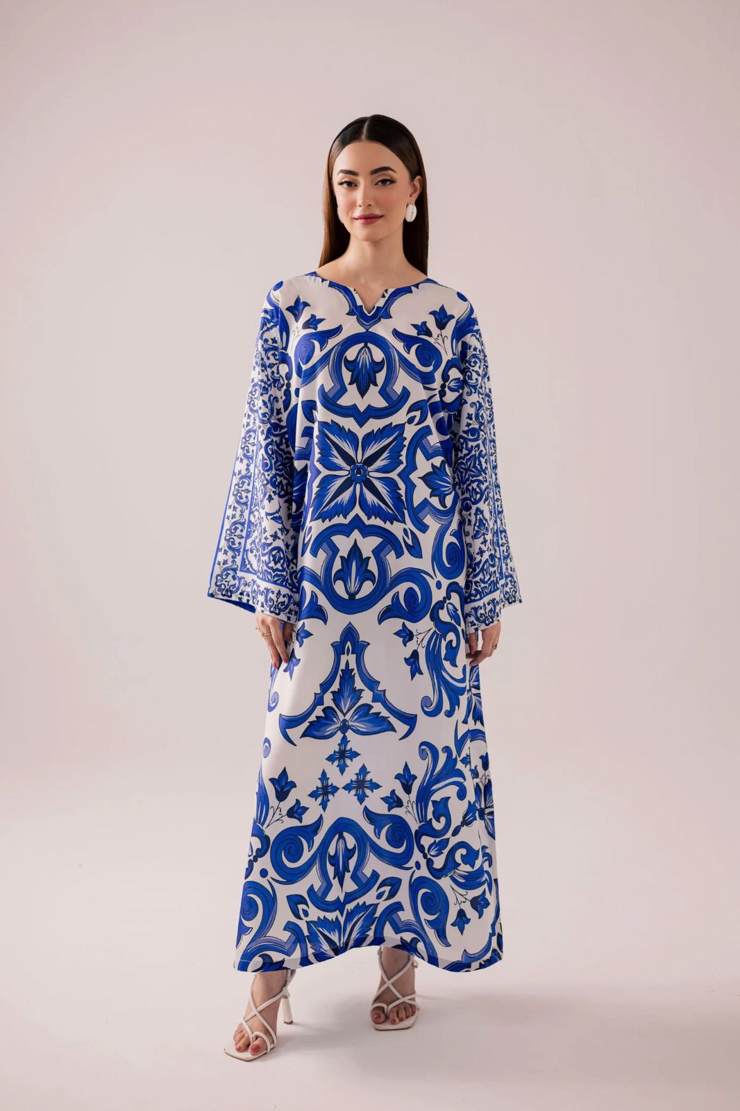 Luxury Blue Floral Printed Kaftan Maxi Dress – Elegant Modest Long Sleeve Women Dress