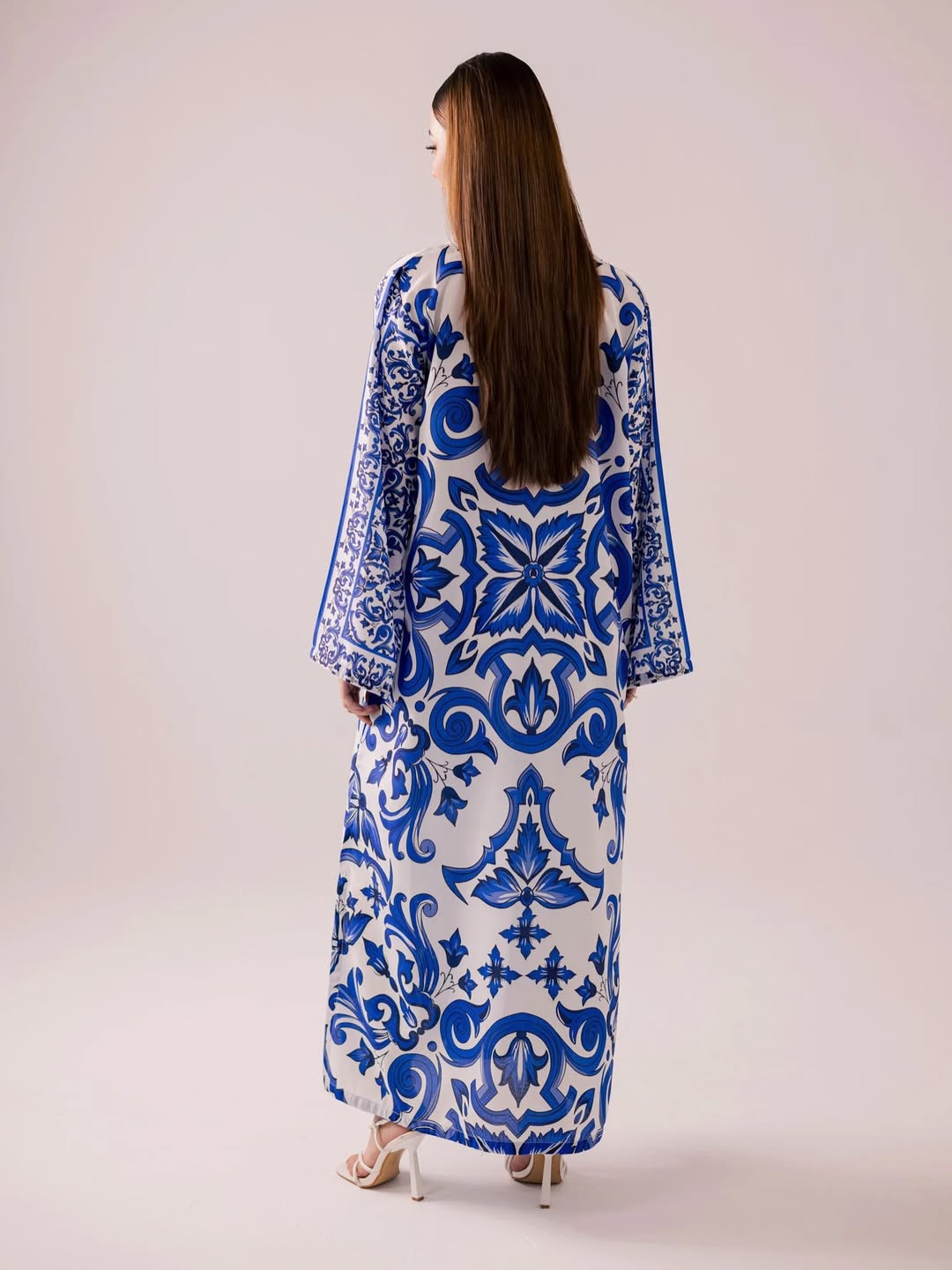 Luxury Blue Floral Printed Kaftan Maxi Dress – Elegant Modest Long Sleeve Women Dress