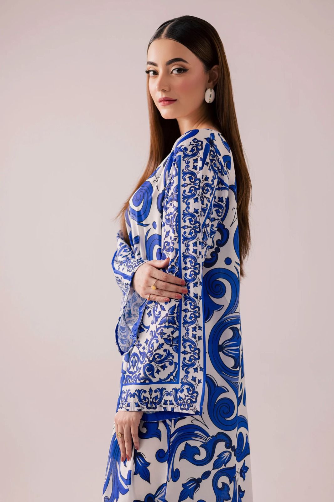 Luxury Blue Floral Printed Kaftan Maxi Dress – Elegant Modest Long Sleeve Women Dress